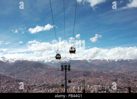 Blick auf die Skyline von La Paz aus der El Alto (Altiplano Hochland) mit bin ich Teleferico" (eine Seilbahn Netzwerk, die als öffentliche Verkehrsmittel betreibt). Juni 2018 Stockfoto