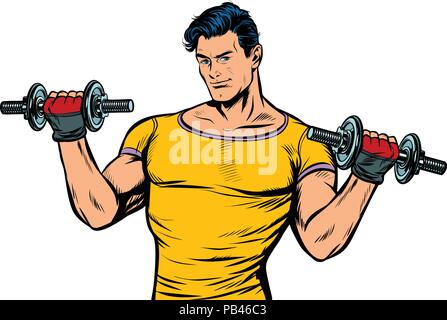Mann mit Kurzhanteln isolieren auf weißem Hintergrund Stock Vektor