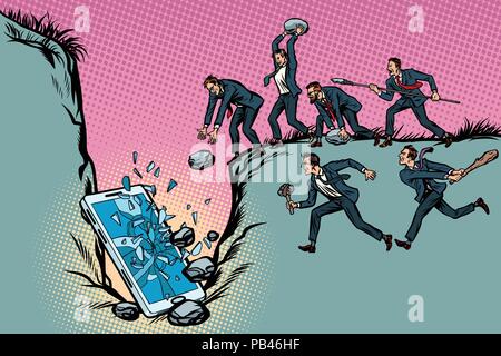 Wilden Geschäftsleute töten ein Smartphone. Politik und Zensur. Stock Vektor