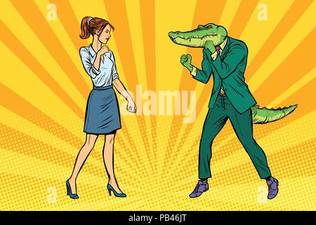 Frau Geschäftsfrau Boxkämpfe mit Krokodil reptiloid Stock Vektor