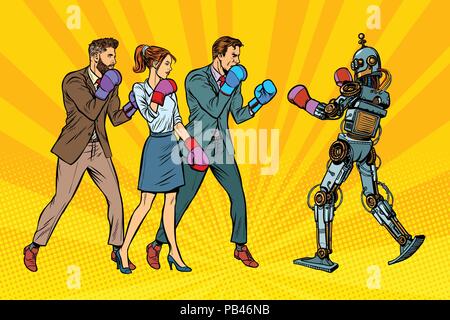 Menschen mit einem Roboter. Menschlichkeit und neue Technologien Stock Vektor