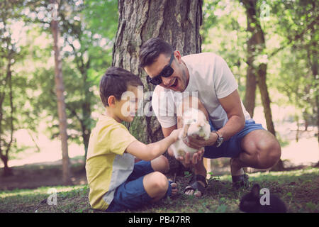 Vater und Sohn spielen zusammen in einem Park mit niedlichen kleinen Hasen. Stockfoto