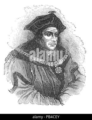 Portrait von Sir Thomas More (1478-1535), in der Katholischen Kirche verehrt wie der hl. Thomas Morus, war ein englischer Anwalt, Philosoph, Autor, Staatsmann und humanist der Renaissance. Er war auch Stadtrat zu Henry VIII, und Lord High Chancellor von England von 1529 bis 1532. Er war gegen die protestantische Reformation und des Königs Trennung von der katholischen Kirche und lehnte ab, Henry als Oberhaupt der Kirche von England und die Annullierung seiner Ehe mit Katharina von Aragon zu bestätigen. Nach der Ablehnung der Eid der Vorherrschaft zu nehmen, er wurde wegen Landesverrats verurteilt und enthauptet. Stockfoto