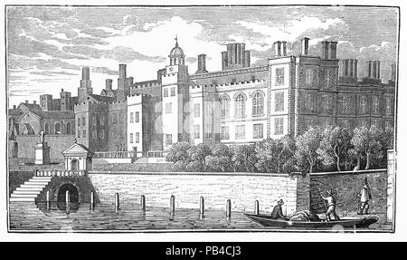 Wenn der Neffe von Edward Seymour, 1. Earl of Hertford, der junge König Edward VI. auf den Thron kam 1547, Seymour, Herzog von Somerset und Lord Protector wurde. Zwei Jahre später zog er nach unten Ein altes Gasthaus des Kanzleigerichts und andere Häuser, die auf der Website stand auf und begann zu bauen sich einen neuen Somerset House in London, mit Blick auf die Themse. Es war ein zweistöckiges Haus um ein Viereck mit einem Gateway steigt auf drei Etagen gebaut und war eines der ersten Beispiele der Architektur der Renaissance in England. Stockfoto