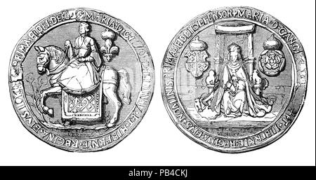 Das große Siegel der Maria I (1516-1558), Porträt von Maria I (1516-1558), Königin von England und Irland Von Juli 1553 bis zu ihrem Tod. Sie war das einzige Kind von Heinrich VIII. mit seiner ersten Frau Katharina von Aragon, bis ins Erwachsenenalter zu überleben. Ihren jüngeren Halbbruder Edward VI (Sohn von Henry und Jane Seymour) gelang es ihr Vater 1547 im Alter von neun Jahren, wurde aber tödlich Erkrankte im Jahre 1553. Sie ist am besten als 'Bloody Mary' für ihren aggressiven Versuchen, rückwärts zu der englischen Reformation, die während der Herrschaft des Vaters begonnen hatte, Henry VIII bekannt Stockfoto