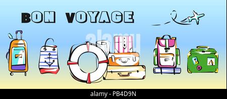 Sommer Reisetasche. Gepäck, Koffer, Rucksack, Paket, Rettungsring. Vector Illustration Stock Vektor