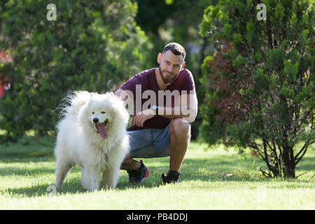 Porträt eines schönen und freudigen Samojeden Rasse Hund und seinen Besitzer. Stockfoto