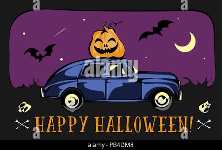 Retro Auto geladen für Halloween. Mond und Fledermäuse Hintergrund. Vector EPS 10-Karte Stock Vektor