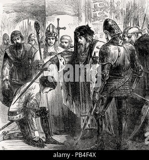 König Edward III knighting Edward von Woodstock, der Schwarze Prinz im Jahre 1346 vom britischen Schlachten auf Land und Meer, von James Grant Stockfoto
