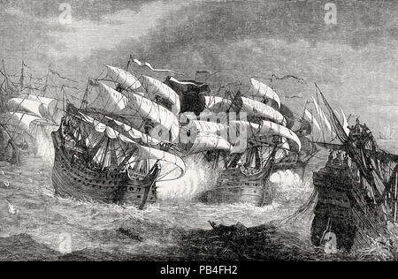 Sir Francis Drake Angriff auf die spanische Armada, 1588 vom britischen Schlachten auf Land und Meer, von James Grant Stockfoto