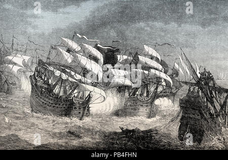 Sir Francis Drake Angriff auf die spanische Armada, 1588 vom britischen Schlachten auf Land und Meer, von James Grant Stockfoto