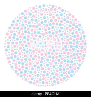 Kreis förmige Hintergrund aus Punkten, farbig in Hellblau und Rosa. Kreisförmiges Gebiet, aus zufällig farbigen kleinen Flecken. Beschmutzt. Stockfoto