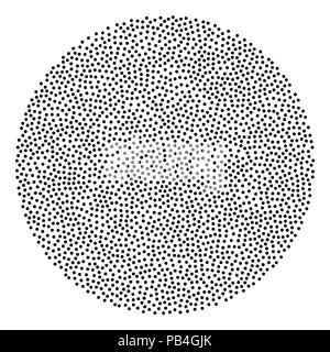 Kreis förmige Hintergrund aus schwarzen Punkten. Kreisförmiges Gebiet, aus zufällig kleine Flecken. Beschmutzt. Isolierte Abbildung über Weiß. Stockfoto
