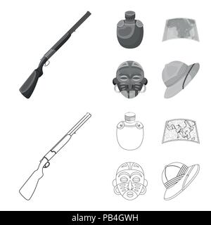 Jagdwaffe, Flasche im Fall, Karte, Afrikanische Maske. African Safari Kollektion Symbole in der Gliederungsansicht, Schwarzweiß-Stil vektor Symbol lieferbar Abbildung: Stock Vektor