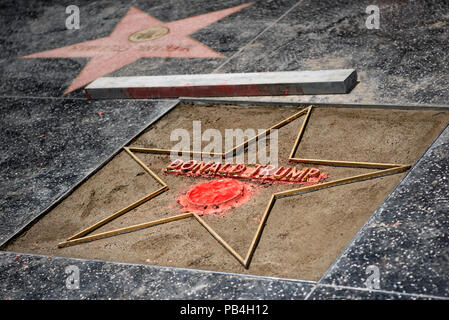 Los Angeles, USA. 25. Juli, 2018. Der Hollywood Walk of Fame Star von Präsident Donald Trump in der Mitte der repariert werden, nachdem Sie von einem Mann mit einem Pickel in Los Angeles, Kalifornien am 25 Juli, 2018 zerstört wurde. Credit: Ronen Tivony/Alamy leben Nachrichten Stockfoto