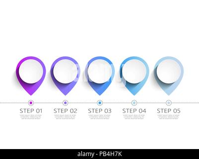 Moderne 3D-infografik Vorlage mit 5 Schritten. Karte mit PIN-Zeiger. Business Circle Vorlage mit Optionen für die Broschüre, Diagramm, Timeline. Vector EPS 10. Stock Vektor