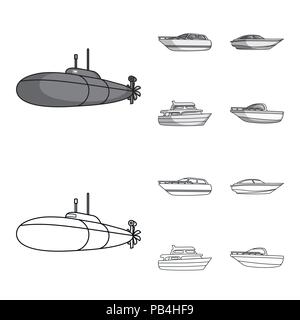 Ein Militär-U-Boot, ein Schnellboot, das Boot und Yacht. Schiffe und Wasser Sammlung Icons in Grenzen gesetzt, Schwarzweiß-Stil Vektor Stock Vektor