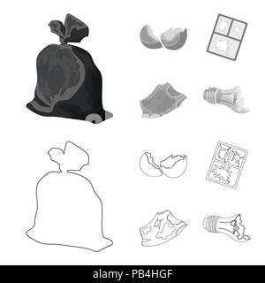 Einen Müllsack, eine zerbrochene Eierschale, einer zerrissenen schmutziges T-Shirt, ein kaputtes Fenster Rahmen mit Glas. Müll und Abfall set Sammlung Symbole in der Gliederungsansicht, Monochrom Stock Vektor