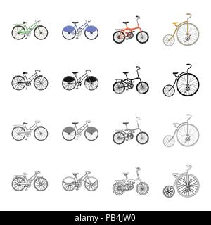 Ein Fahrrad, ein Fahrzeug für Freizeit und Sport. Verschiedene Arten von Fahrrädern set Sammlung Icons in Cartoon schwarz monochrome Outline style Vektor symb Stock Vektor