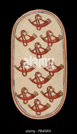 10 der Hörner, aus den Kreuzgängen Karten spielen. Kultur: Süden Niederländischen. Abmessungen: 5 3/16 x 2 3/4 in. (13,2 x 7 cm). Datum: Ca. 1475-80. Die Klöster von zweiundfünfzig Karten stellt die einzige bekannte ganzes Deck von beleuchteten gewöhnlichen Spielkarten (im Gegensatz zu tarot Karten) aus dem 15. Jahrhundert. Es gibt vier Farben, die jeweils aus einem König, Dame, Bube und Zehn Zahlenkarten. Die Farbzeichen, an Geräten mit der Jagd verbunden, sind Jagdhörner, Hundehalsbänder, hound Anbindehaltung, Spiel und Schlingen. Der Wert des PIP-Karten ist durch entsprechende Wiederholungen der Su angezeigt Stockfoto