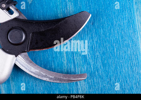 Eine offene Gartenschere auf blauem Hintergrund platziert. Stockfoto