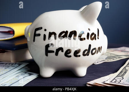 Finanzielle Freiheit auf einer Seite von piggy Bank geschrieben. Stockfoto
