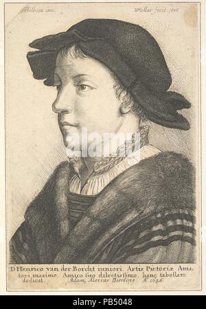 Junger Mann mit Hut im Profil nach links. Artist: nach Hans Holbein der Jüngere (Deutsch, Augsburg 1497/98-1543 London). Maße: Platte (geringe Marge, Intarsien): 5 3/8 x 3 9/16 in. (13,6 x 9 cm). Plasmaätzer: Wenzel Hollar (Böhmische, Prag 1607-1677 London). Herausgeber: Adam Alexius Bierling (Niederländischen, 1625-1675). Datum: 1646. Ein junger Mann gezeigt Büste - Länge in drei Viertel Profil zu linken, trug eine dunkle zerschnitten Kappe, pelzbesatz Kleid und Shirt mit Rüschen ständigen Spitzenkragen. Die Zeichnung von Holbein im Louvre. Museum: Metropolitan Museum of Art, New York, USA. Stockfoto