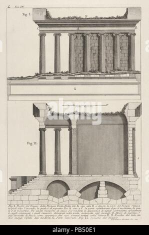 Profil der Tempel der Fortuna Virilis (Profilo del Tempio della Fortuna Virile) und Abschnitt der Tempel, aus der Serie "Le Antichità Romane". Artist: Giovanni Battista Piranesi (Italienisch, Mogliano Veneto Rom 1720-1778). Maße: Blatt: 20 3/8 x 14 13/16-in. (51,8 x 37,6 cm) Platte: 15 3/8 x 9 11/16 in. (39,1 x 24,6 cm). Serie/Portfolio: Le Antichità Romane. Datum: 1756. Museum: Metropolitan Museum of Art, New York, USA. Stockfoto