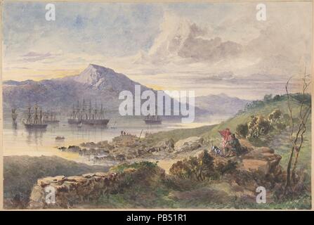 Die Höhen über Foilhummerum Bay, Valentia, die William Corey Rubrik seewärts, Festlegung der Ufer - Ende der Atlantic Telegraph Kabel, Juli 7th, 1866. Artist: Robert Charles Dudley (British, 1826-1909). Maße: Blatt: 10 3/8 x 15 3/8 in. (26,3 × 39,1 cm). Datum: 1865-66. Eine der großen technischen Errungenschaften des 19. Jahrhunderts war eine telegrafische Kabel unter dem Atlantik zu legen, so dass Nachrichten hin und her zwischen Nordamerika und Europa in Minuten zu beschleunigen, anstatt zehn oder zwölf Tagen durch die Dampfeinheit ein. Ein zunächst erfolgreicher Versuch im Jahre 1858, von Cyrus W. Feld geführt und durch die finanzierten Stockfoto
