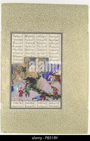 "Isfandiyar der vierte Kurs: Er tötet eine Zauberin', Folio 435 v aus der Shahnama (Buch der Könige) von Shah Tahmasp. Artist: Malerei zugeschrieben, Qasim ibn 'Ali (aktive Ca. 1525-60). Thema: Abu'l Qasim Firdausi (935-1020). Abmessungen: Malerei: H.7 3/16 in. (18,3 cm) W. 7 1/16-in. (18 cm) Seite: H. 18 11/16 in. (47,5 cm) W. 12 5/8 in. (32,1 cm) Matte: H.22. (55,9 cm) W. 16 in. (40,6 cm). Workshop Regie: aqa Mirak (aktive Ca. 1525-60). Datum: Ca. 1525-30. Der Held Isfandiyar führt eine Reihe von Heldentaten, oder 'Kurse', parallel zu denen der Rustam. In dieser Szene, Isfandiyar erschlagen hat ein Stockfoto