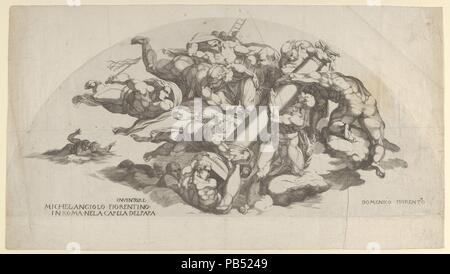 Gruppe aus dem Letzten Gericht, Engel der Spalte der Geißelung und der Schwamm und Leiter der Kreuzigung. Artist: Nach Michelangelo Buonarroti (Italienisch, Caprese 1475-1564 Rom); Domenico del Barbiere (Italienisch, Florenz (?) 1506-1565 Paris). Maße: Blatt: 9 5/16 x 16 7/8 in. (23,7 × 42,8 cm) Platte (lunette Form: (7) 11/16 x 16 7/8 in. (19,5 × 42,8 cm). Datum: 16. Museum: Metropolitan Museum of Art, New York, USA. Stockfoto