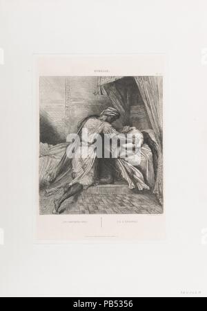 'Er erstickt ihr": Platte 13 von Othello (Akt 5, Szene 2). Künstler: Théodore Chassériau (Französisch, Le Limon, Saint-Domingue, West Indies 1819-1856 Paris). Abmessungen: Platte: 13 11/16 x 9 3/4 in. (34,7 x 24,8 cm) Bild: 9 13/16 x 8 15/16 in. (25 x 22,7 cm). Serie/Portfolio: Suite von 15 Drucke: Shakespeare's Othello/Quinze Esquisses à l'eau-forte et gravées dessinées par Théodore Chasseriau. Betrifft: William Shakespeare (Britisch, Stratford-upon-Avon 1564-1616 Stratford-upon-Avon). Datum: geätzt 1844, Nachgedruckt 1900. 1844 Eugène Piot beauftragt, die jungen Chassériau vorzubereiten 15 i Stockfoto