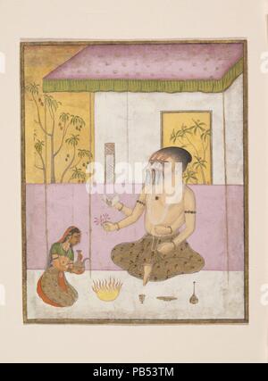 Khambhavati Ragini: Folio aus einem ragamala Serie (Garland musikalischer Modi). Kultur: Indien (rajasthan, Bikaner). Abmessungen: 6 1/4 x 5 in. (15,9 x 12,7 cm). Datum: Ca. 1675. Hier ein Weibchen Bettelmönch macht eine Vedische Feuer mit dem Gott Brahma, die mit vier überlappenden Flächen vertreten ist und hält einen Text, Rosenkranz (Mala) und Blume. Eine frühere ragamala Text von 1550 bietet die folgende Beschreibung des Brahma: "Er [Brahma] lehrt die Veden. . . Und die andere Ursachen der Feuer-Gabe. Ein helles Kleidungsstück deckt die Schönheit von [ihr] Körper; [ihr] fair Farbe schimmert.". Museum: Metropolitan M Stockfoto