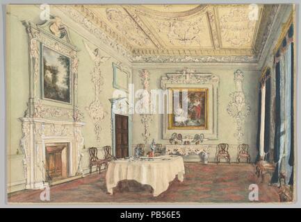 Kirtlington Park, Oxfordshire: Blick auf den Speisesaal. Künstler: Susan Alice Dashwood (British, 1856-1922). Maße: Blatt: 13 11/16 x 19 11/16 in. (34,8 x 50 cm). Datum: 1876. Diese Zeichnung zeigt die Geschichte des Kirtlington Park Speisesaal, zeigt die Tabelle für Tee in 1876 gesetzt, mit seinen ursprünglichen achtzehnten Jahrhunderts Stühle und Beistelltisch. Zu diesem Zeitpunkt, die Decke war immer noch seine ursprüngliche Gelb und Creme Farben, während die Wände neu gestrichen worden war grün. Einem großen türkischen Teppich deckt die meisten Holzboden. Museum: Metropolitan Museum of Art, New York, USA. Stockfoto