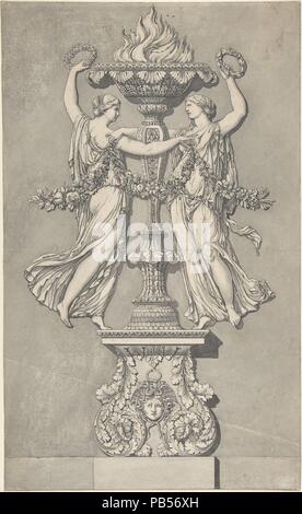 Armleuchter mit zwei Sieg Zahlen (für "Ornamenti Diversi'). Artist: zugeschrieben, Giocondo (Giuseppe) Albertolli (Italienisch, Bedano 1742-1839 Mailand). Maße: Blatt: 17 1/16 x 10 7/16 in. (43,4 x 26,5 cm). Datum: Ca. 1782. Giocondo Albertolli war einer der großen Köpfe der Architektur und Design während der Klassizistischen Periode in Italien. Er wurde zum Professor für architektonische Ornament an der Accademia di Belli Arti di Brera (Mailand) und weitere angewiesen und Verbreitung seiner Ideen durch vier wichtige Publikationen. Die erste, im Jahre 1782 veröffentlicht, wurde einfach als "Ornamenti Taucher Stockfoto