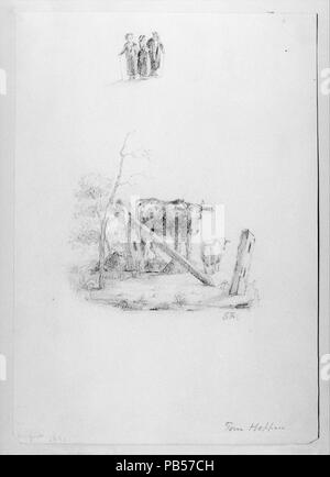 Landschaft mit zwei Kühe und ein defekter Zaun; drei stehende Figuren (von McGuire Scrapbook). Artist: Thomas F. Hoppin (1816-1872). Abmessungen: 7 3/4 x 5 7/16 in. (19,7 x 13,8 cm). Datum: 1841. Museum: Metropolitan Museum of Art, New York, USA. Stockfoto