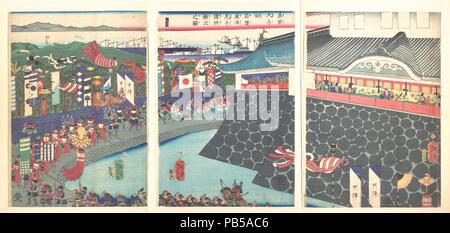 Hideyoshi und seine Truppen verlassen Nagoya Camp (Mashiba Hideyoshi ko Nagoya jin Saki te kein shöshö kuridashi nicht zu). Artist: Tsukioka Yoshitoshi (Japanisch, 1839-1892). Kultur: Japan. Abmessungen: Bild (a): 13 7/8 x 9 3/4 in. (35,2 x 24,8 cm) Bild (b): 13 7/8 x 9 7/8 in. (35,2 x 25,1 cm) Bild (c): 13 7/8 x 9 7/8 in. (35,2 x 25,1 cm). Datum: 19. Museum: Metropolitan Museum of Art, New York, USA. Stockfoto