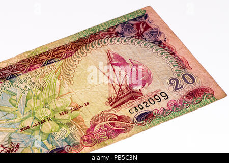 20 Maledivische rufiyaa Bank Note. Rufiyaa ist die nationale cureency der Malediven Stockfoto