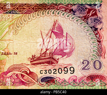 20 Maledivische rufiyaa Bank Note. Rufiyaa ist die nationale cureency der Malediven Stockfoto