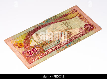 20 Maledivische rufiyaa Bank Note. Rufiyaa ist die nationale cureency der Malediven Stockfoto