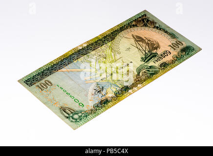 100 Maledivische rufiyaa Bank Note. Rufiyaa ist die nationale cureency der Malediven Stockfoto