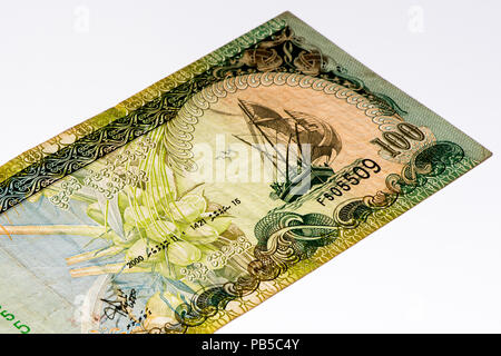 100 Maledivische rufiyaa Bank Note. Rufiyaa ist die nationale cureency der Malediven Stockfoto