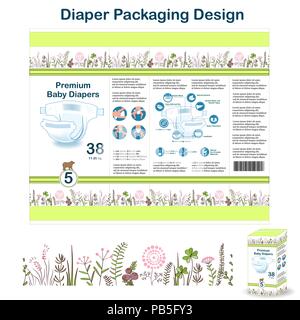 Windel packaging design aus Doodle Wald Style Collection. Windel pakaging Design für Größe 5, mit floralen Grenze, Windel Symbole und Tragen. Vektor Stock Vektor