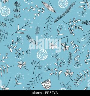 Florale Vektor nahtlose Muster mit wilden Kräutern, Wald, Blumen und Blätter. Vintage blau botanischen Hintergrund. Hnad Pflanzen gezeichnet Vektor Stock Vektor