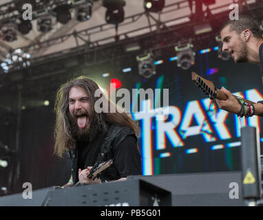 Kiew, Ukraine - Juli 05, 2018: Die französische extreme Metal Rock Band Betontod live im Atlas Wochenende Festival in nationalen Expocentre. Stockfoto