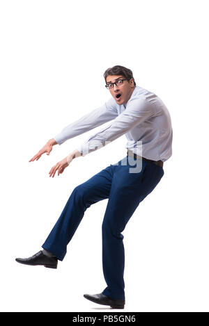 Junge Puppe Geschäftsmann auf weißem Hintergrund Stockfoto