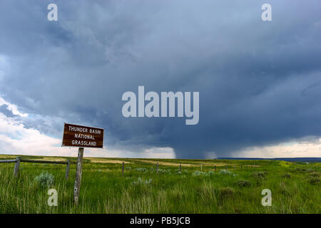 Ein Sommergewitter zieht durch das Thunder Basin National Grassland in Wyoming, USA Stockfoto