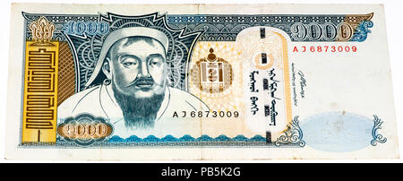 VELIKIE LUKI, Russland - Juli 30, 2015: 1000 togrog Bank Note. Togrog ist die nationale Währung der Mongolei Stockfoto
