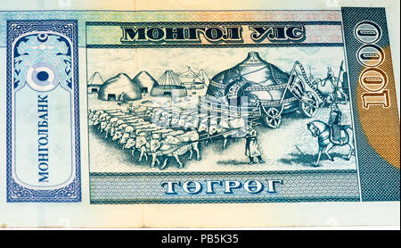 VELIKIE LUKI, Russland - Juli 30, 2015: 1000 togrog Bank Note. Togrog ist die nationale Währung der Mongolei Stockfoto