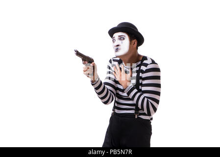 Mime mit Pistole auf weißem Hintergrund Stockfoto